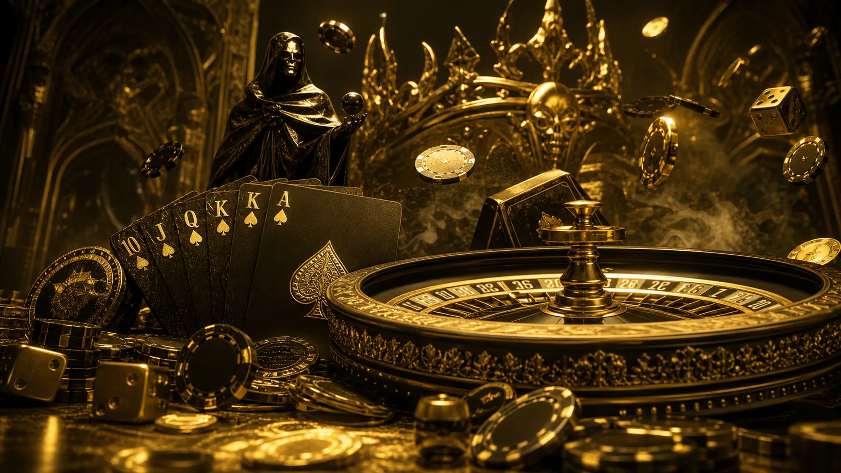 Luxurious casino-themed image with dynamic elements for Kult brand, featuring poker chips, playing cards, dice in cinematic s